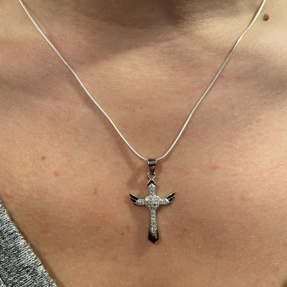 Sterling Silver Cz Cross with Angel Wings Necklace - Picture 14 of 16